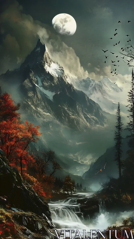 Moonlit mountain river storms through a crimson autumn valley