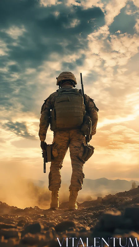Backlit modern soldier overlooking dusty mountain valley.