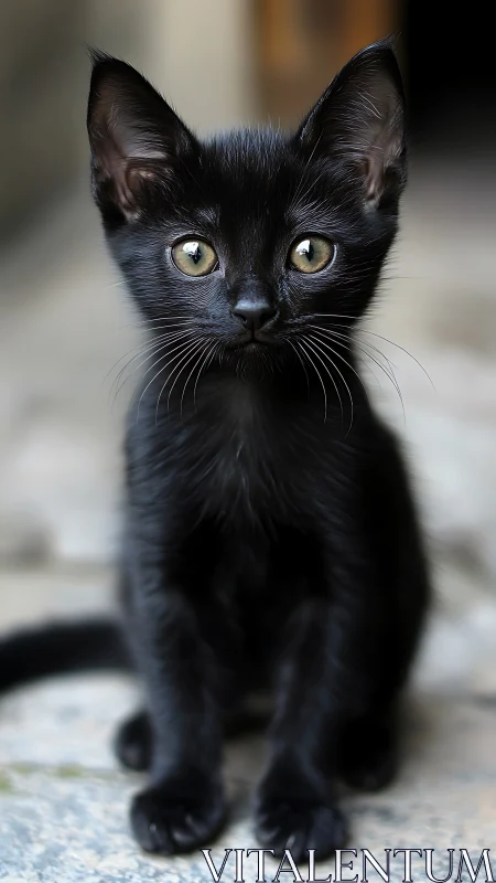 Black Feline Portrait: Striking Golden Eyes and Urban Ground Setting.