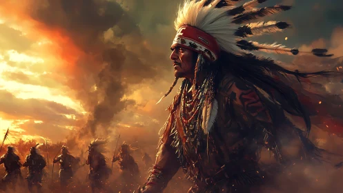 Digital painting of warrior chief under incendiary sunset sky.