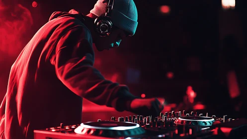 Hooded DJ mixes under red club lights with focused intensity