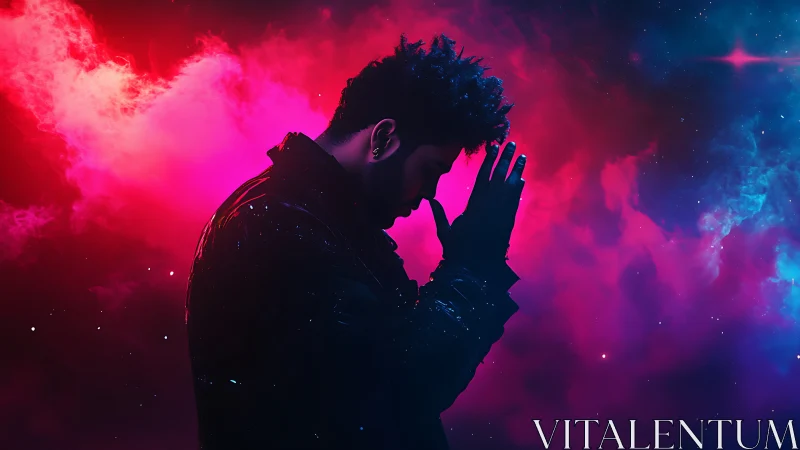 Nebula-lit thinker drifts through neon-tinted cosmic hush