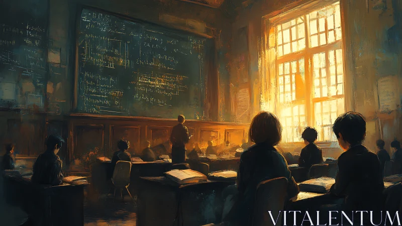 Classroom interior with students, teacher and large window.