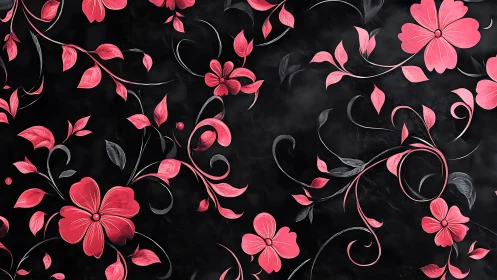 Neon Pink Floral Scrollwork on Matte Black Background with Ornamental Vines