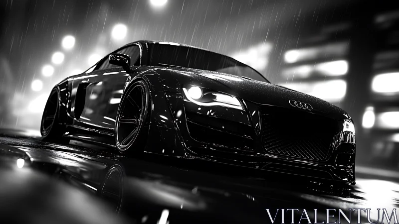 Black sports coupe on wet city street at night in rain.