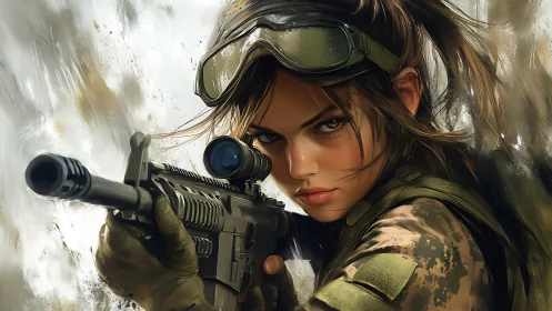 Female soldier aims scoped rifle with intense focus