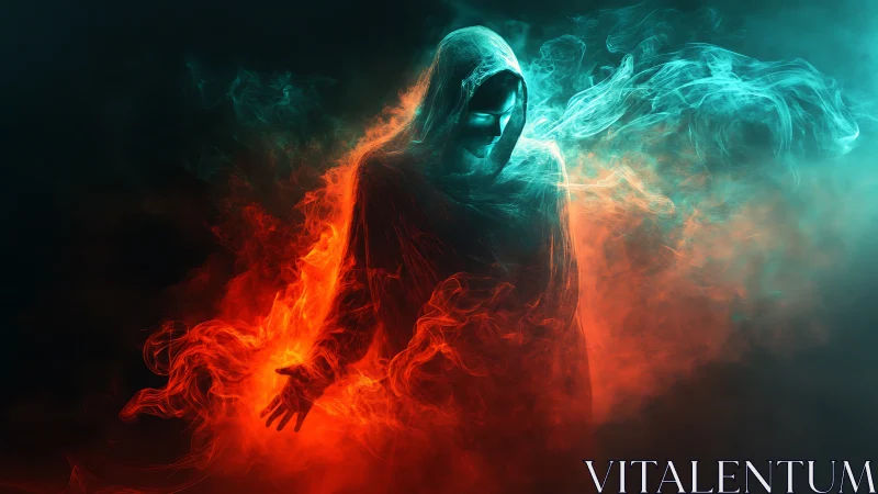 Hooded figure is rendered amid opposing red and blue energy