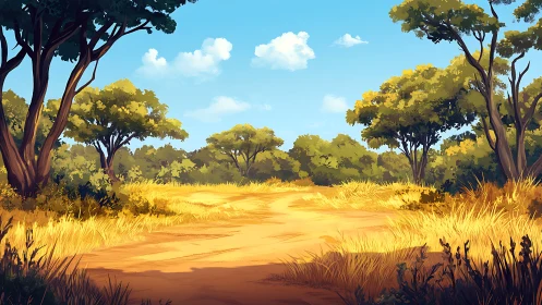 Sunlit savanna path rendered in stylized digital painting