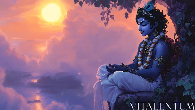 Twilight blue deity meditating above a glowing cloud ocean.
