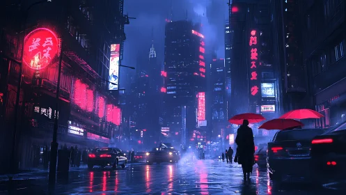 Neon rainwalkers under electric crimson city skies.