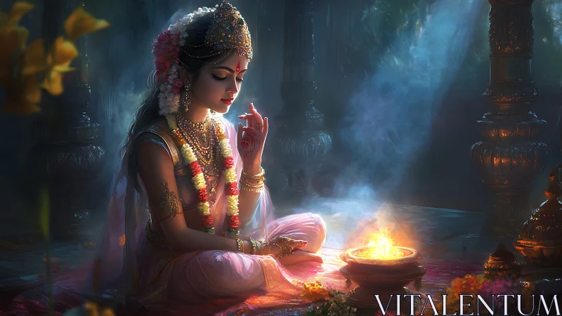 Moonlit maiden at sacred fire in jeweled temple hush.