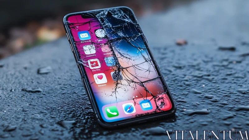 Cracked iPhone Display on Wet Surface