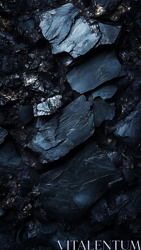 Layered slate rock slabs form dense dark mineral wall