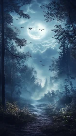 Moonlit Forest Path Through Ancient Woods.