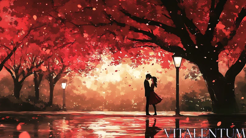 Couple beneath red foliage with autumn leaves falling.