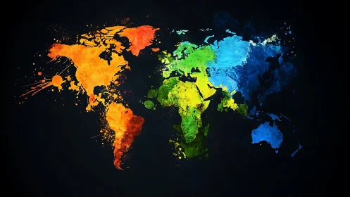 World map rendered as multicolor paint splatter artwork