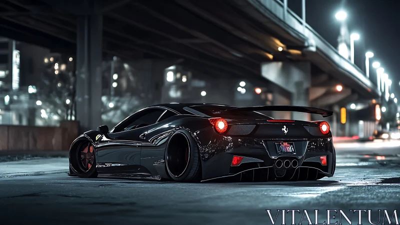 Low black supercar under city overpass at night scene.