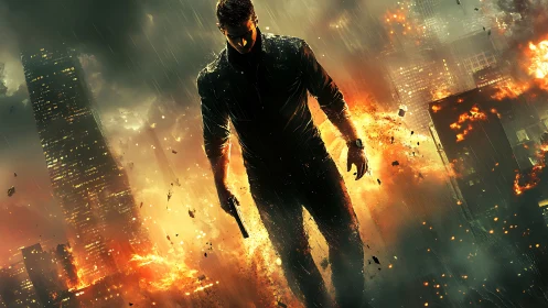 Lone armed figure in burning urban skyline under rain.