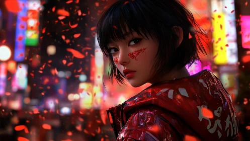 Neon city wanderer with a fiery red gaze and quiet strength.