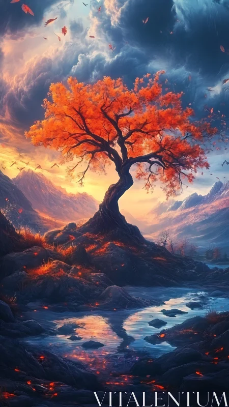 Solitary orange tree over reflective stream at dusk.