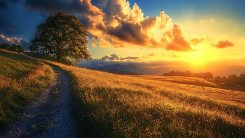 Sunlit country path curves toward glowing mountain sunset
