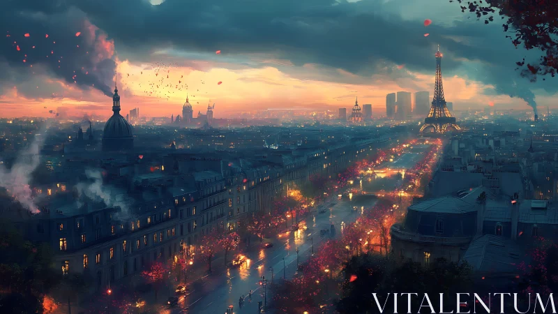 Romantic digital skyline of Paris at dramatic sunset.