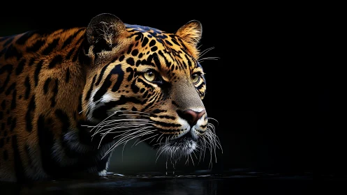 Low‑key jaguar portrait with high‑contrast rim lighting in water
