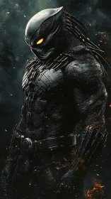 Armored alien warrior in dark smoky environment.