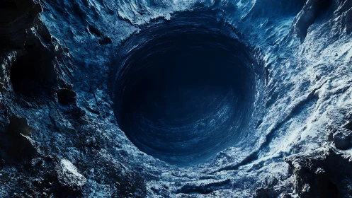 Icy subterranean shaft rendered with deep radial perspective