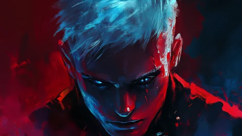 Digital portrait depicts male figure with high contrast lighting