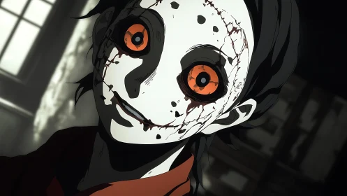 Porcelain-eyed phantom tilts closer and cracks into view