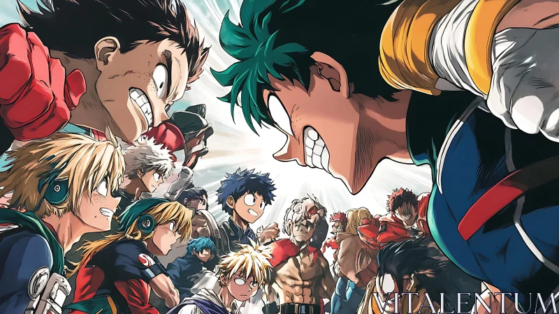 Rival hero teams clash in tense faceoff under bright sky