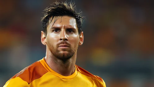 Intense male footballer portrait in vivid orange kit.