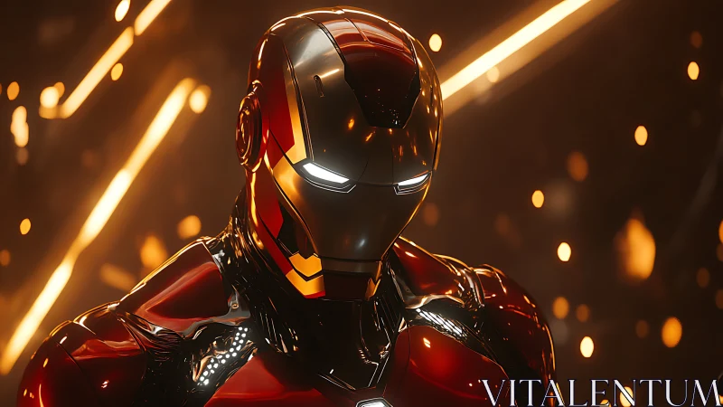 Highly reflective red armored exosuit under dynamic bokeh lighting