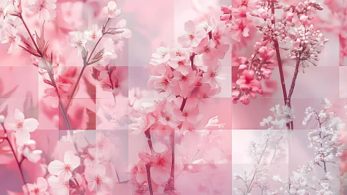 Layered cherry blossom montage merges soft focus and grid abstraction