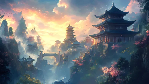 Luminescent mountain pagoda city in cinematic misty dawn.