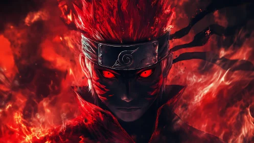 Intense red-eyed shinobi portrait rendered in high-contrast anime fire