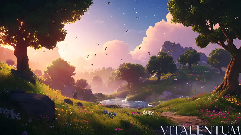 Sunlit valley path winding through a peaceful fantasy meadow.