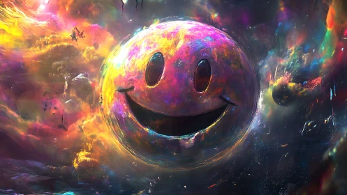 Smiley sphere rendered within multicolored nebular environment