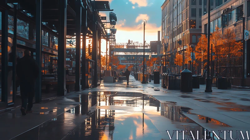 Golden hour city walkway glows after gentle autumn rain