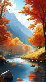 Golden autumn river winding gently through quiet mountains.