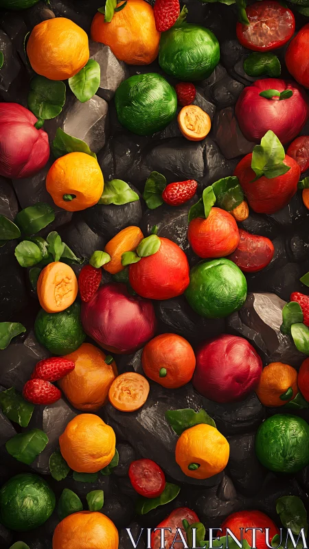 Vibrant stylized fruits scattered across dark stone surface.