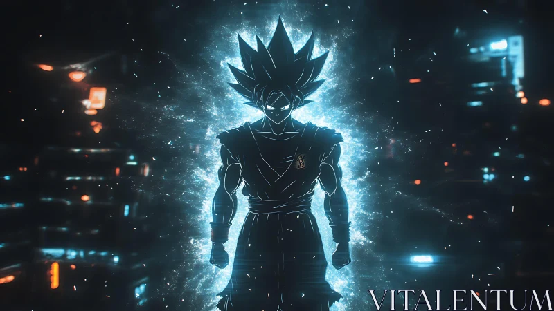 Powerful glowing fighter silhouette in neon energy field.