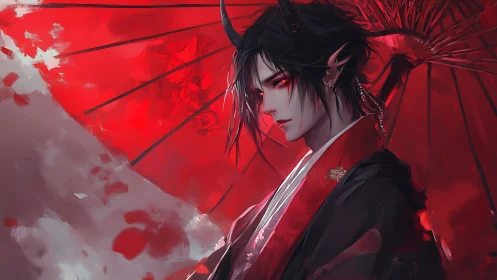 Horned male figure with red umbrella in stylized portrait.