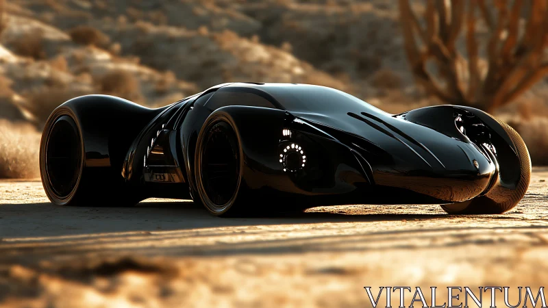Futuristic black concept hypercar rests on sunlit desert road