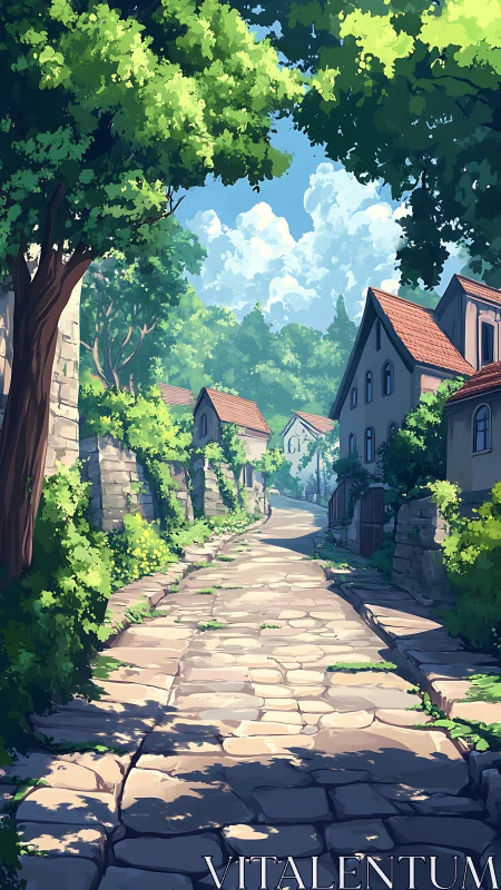 Sunny cobblestone village street with trees and houses.