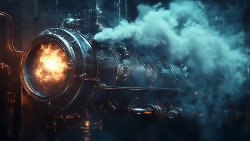 Steamfire engine roars in neon fog and industrial shadow.