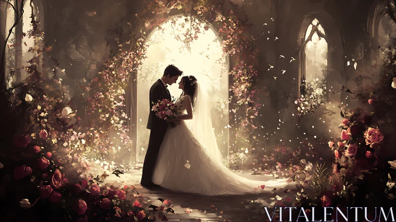 Bride and groom stand in floral archway amid soft light