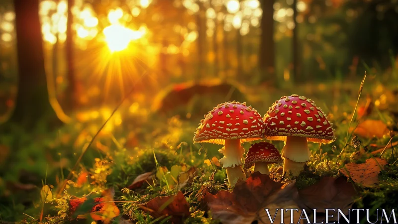 Red toadstools stand in sharp focus against glowing forest sunset
