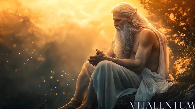 Ancient sage contemplates dawn within molten golden light.